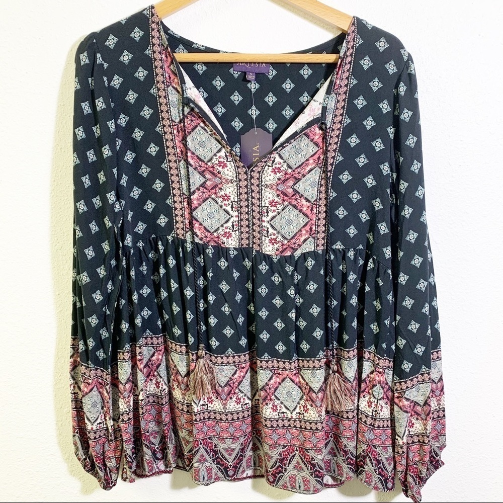 Artesia Women’s Boho Style V-Neck Blouse with Tassels Navy Tunic Festival